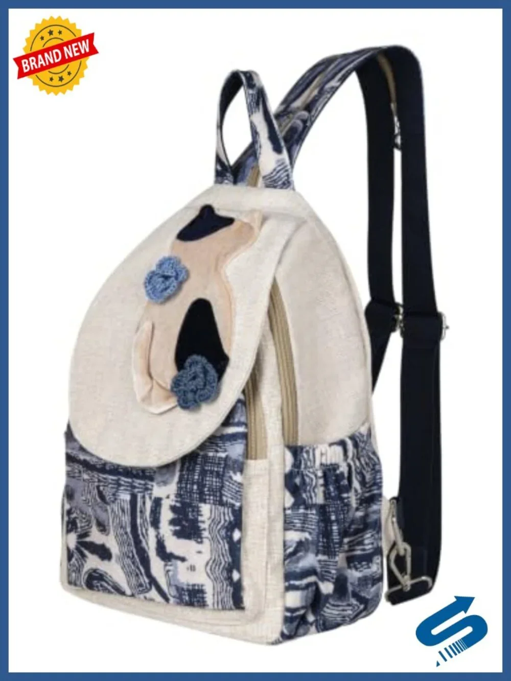 Boho Hippie Multicolor Canvas Backpack with Cat Print, Retro Daypack,
